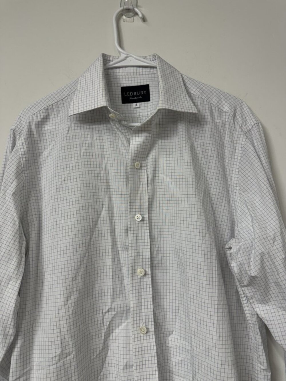 Ledbury‎ Shirt Mens 16 White Blue Grid Classic Fit Long Sleeve Button Down Dress - Picture 2 of 7